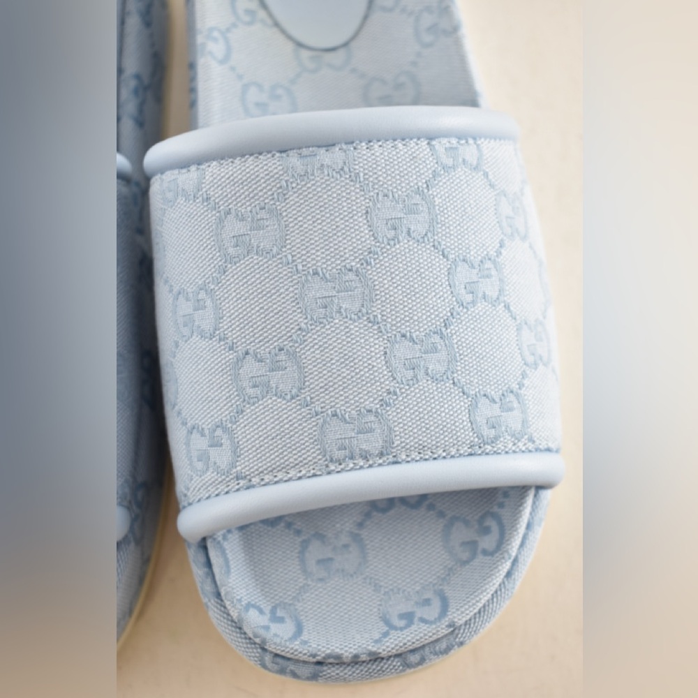 Gucci Light Blue GG Monogram Logo Canvas Mule Flat Slide Platform Sandal 39 - Picture 9 of 16
